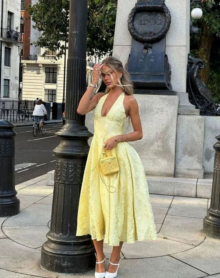 Women's Backless Deep V-Neck Pleated Midi Party Dress