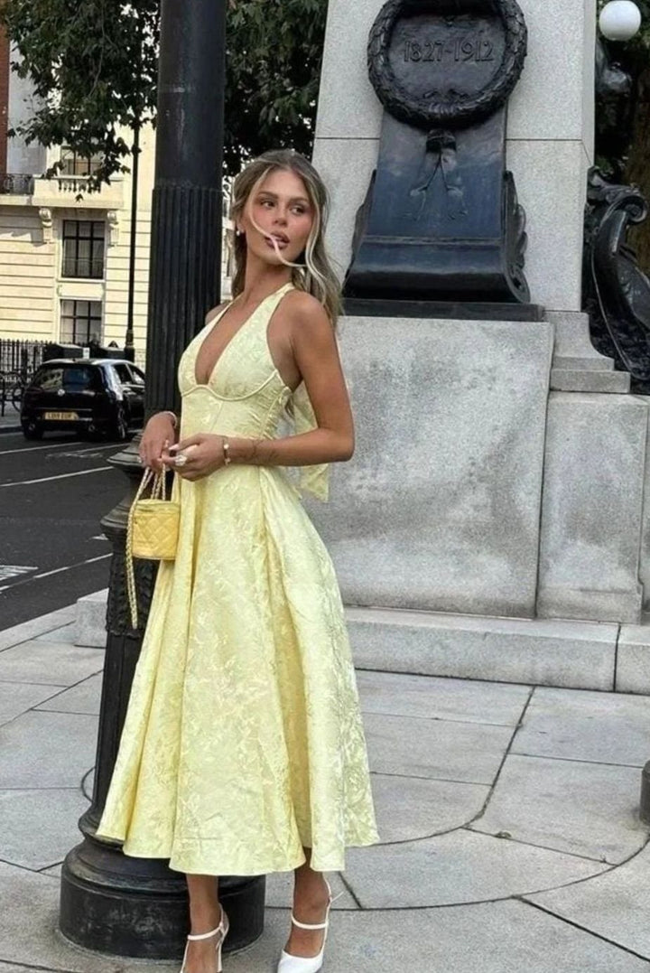Women's Backless Deep V-Neck Pleated Midi Party Dress