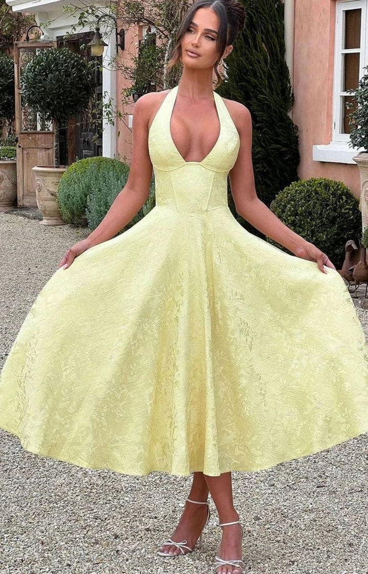 Women's Backless Deep V-Neck Pleated Midi Party Dress