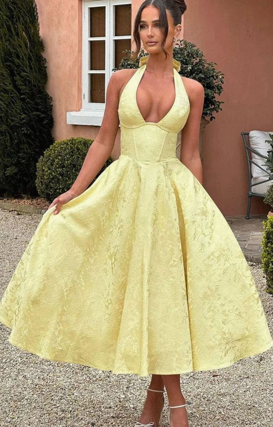 Women's Backless Deep V-Neck Pleated Midi Party Dress