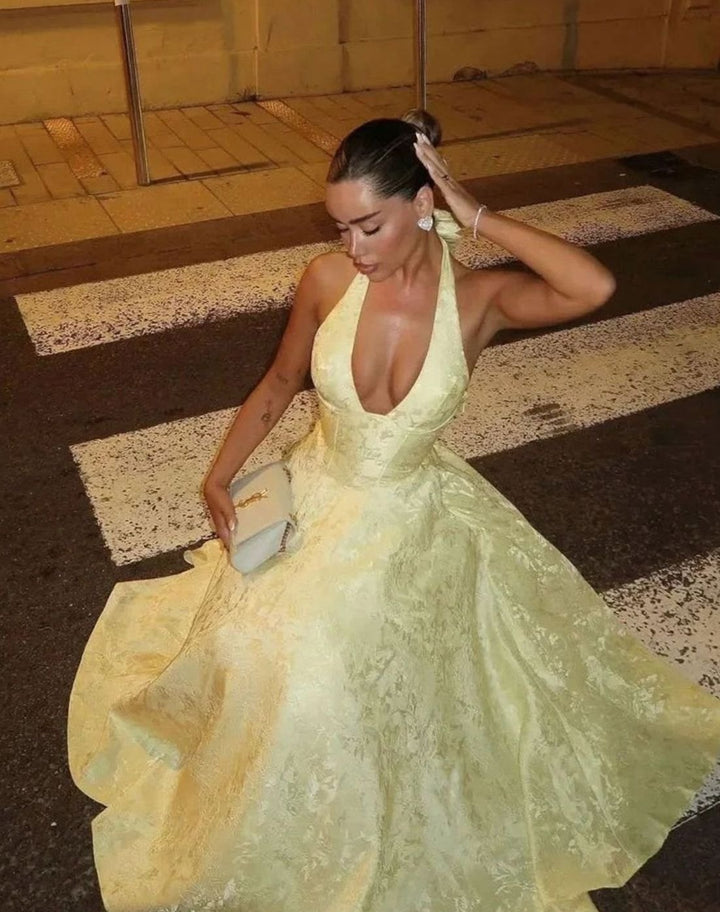 Women's Backless Deep V-Neck Pleated Midi Party Dress