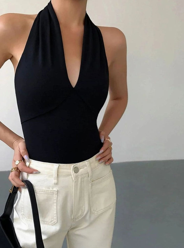 Women's Backless Halter Deep V-Neck Crossover Knit Top
