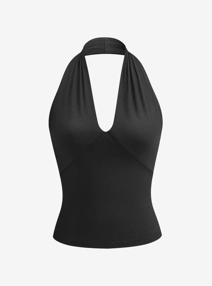 Women's Backless Halter Deep V-Neck Crossover Knit Top