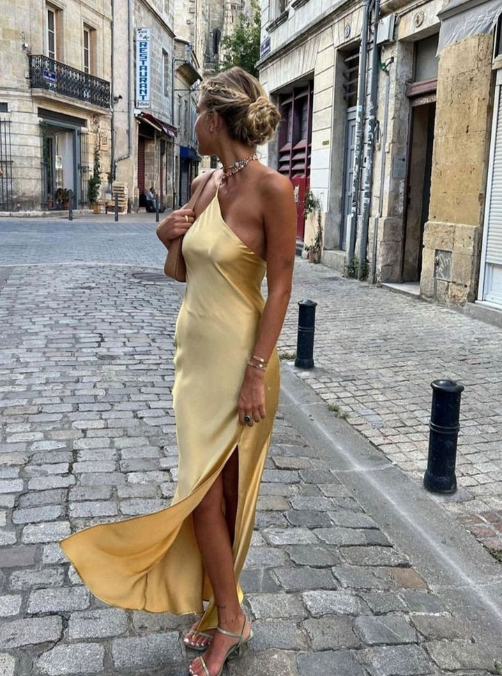 Women's Backless Satin Slip Midi Dress Open Back Side Slit