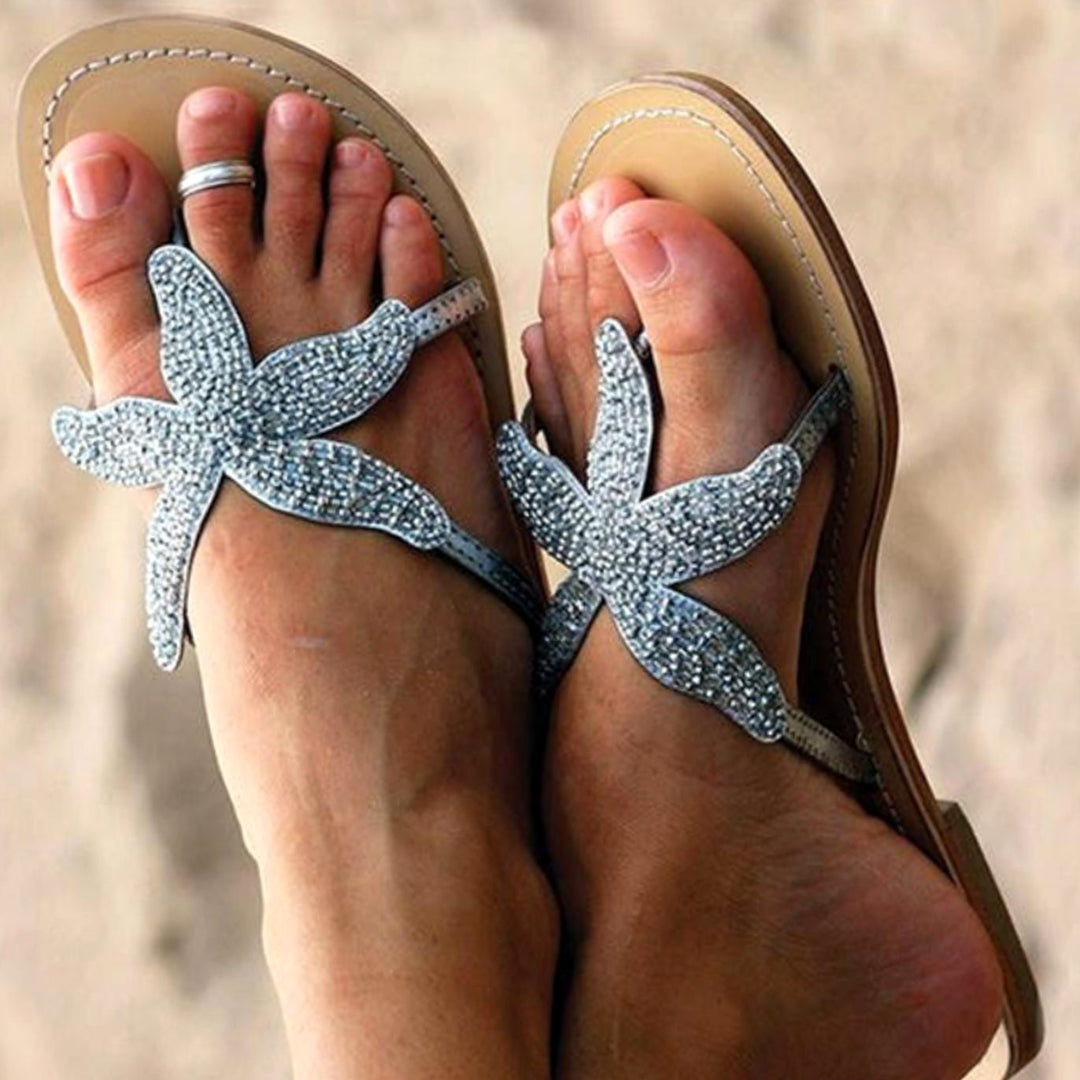 Women's Beaded Starfish Flat Toe-Post Sandals - Silver
