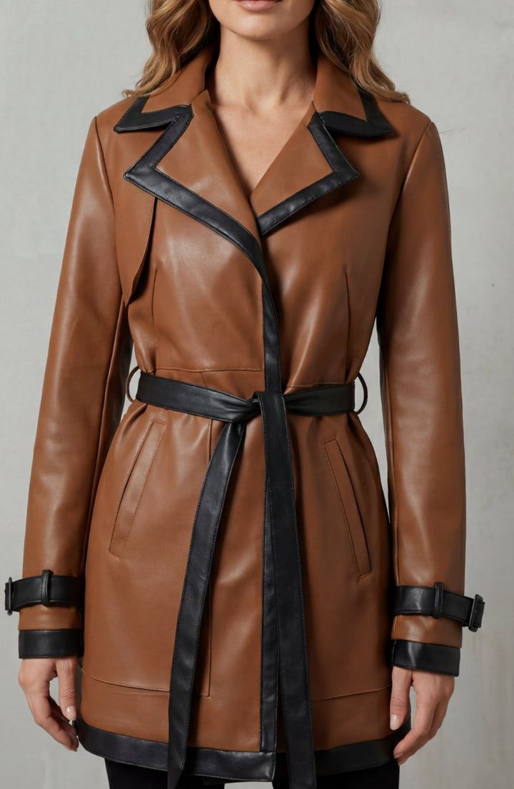 Women's Belted Faux Leather Contrast-Trim Trench Coat - Dark Brown