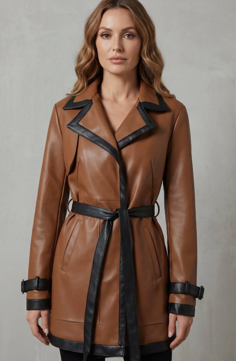 Women's Belted Faux Leather Contrast-Trim Trench Coat