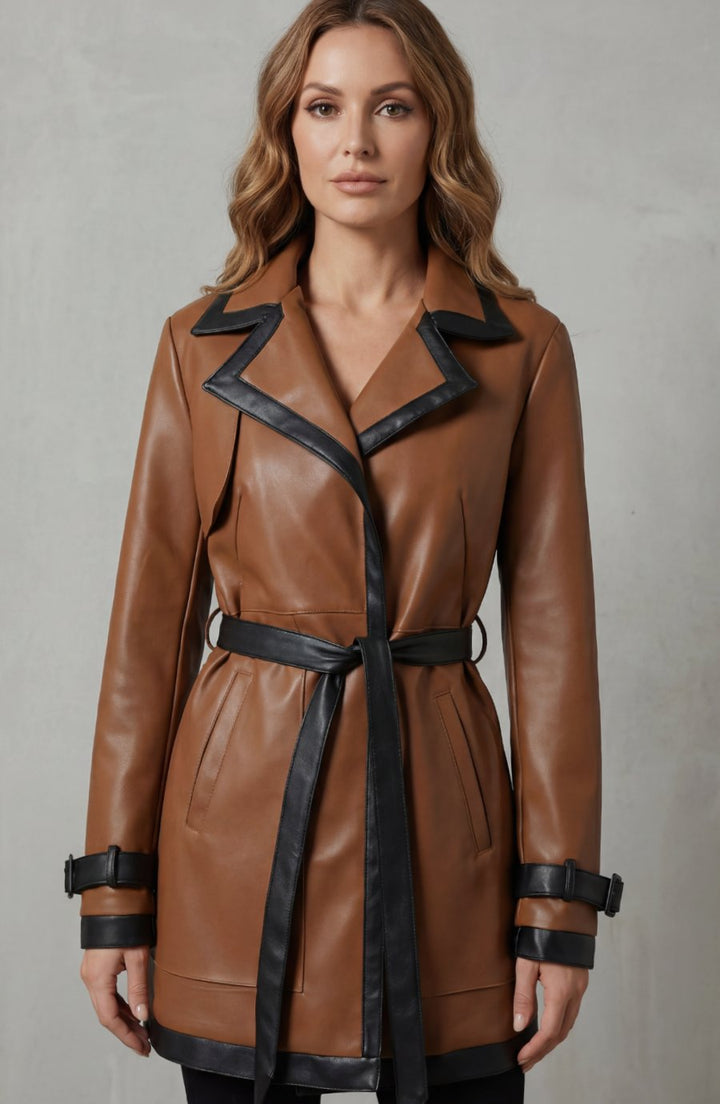 Women's Belted Faux Leather Contrast-Trim Trench Coat