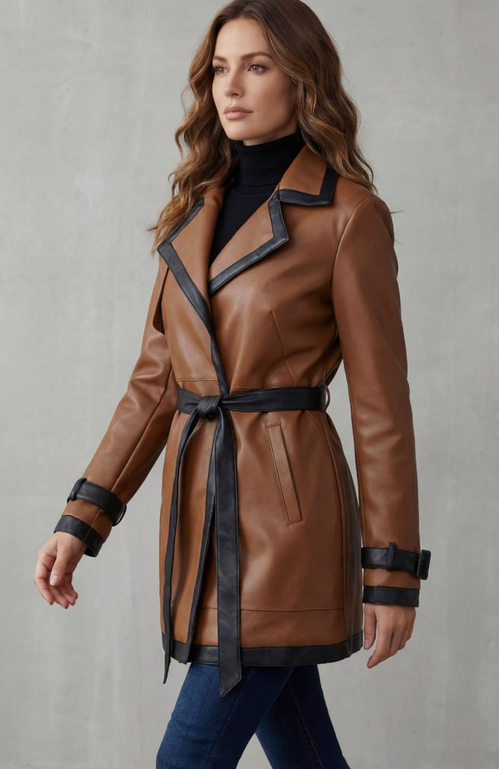 Women's Belted Faux Leather Contrast-Trim Trench Coat