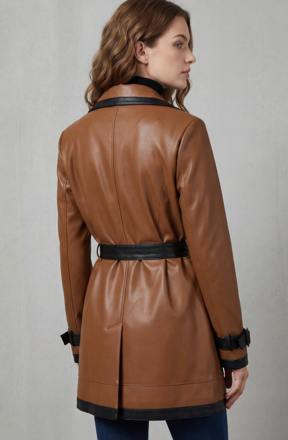 Women's Belted Faux Leather Contrast-Trim Trench Coat