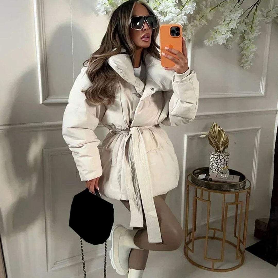 Women's Belted Luxe Puffer Winter Coat High-Collar Padded Jacket - Beige
