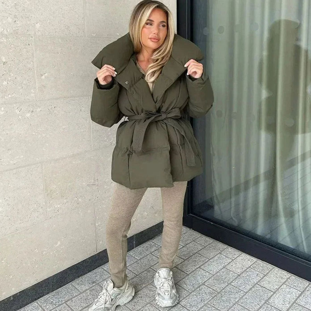 Women's Belted Luxe Puffer Winter Coat High-Collar Padded Jacket