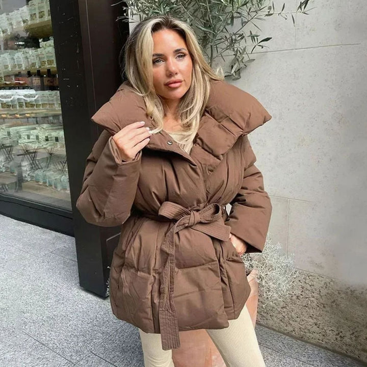 Women's Belted Luxe Puffer Winter Coat High-Collar Padded Jacket - Brown