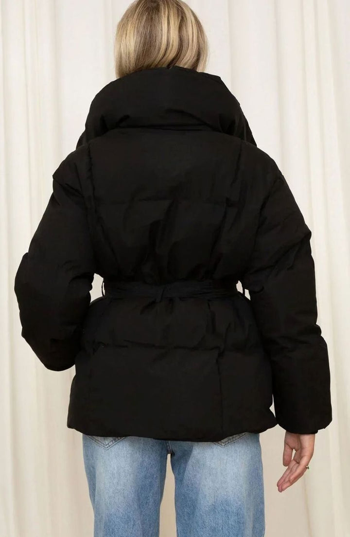 Women's Belted Luxe Puffer Winter Coat High-Collar Padded Jacket