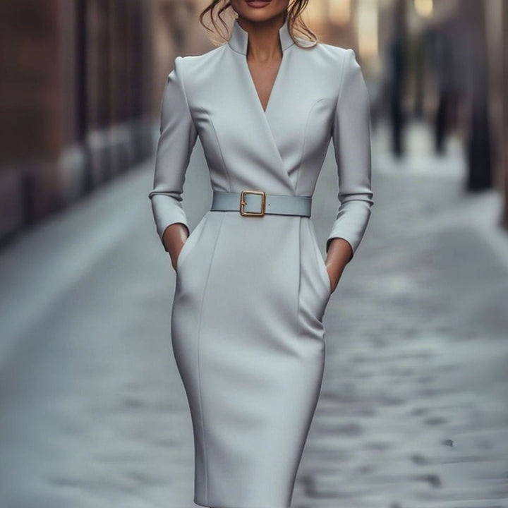 Women's Belted Turtleneck Midi Dress Long Sleeve - Gray