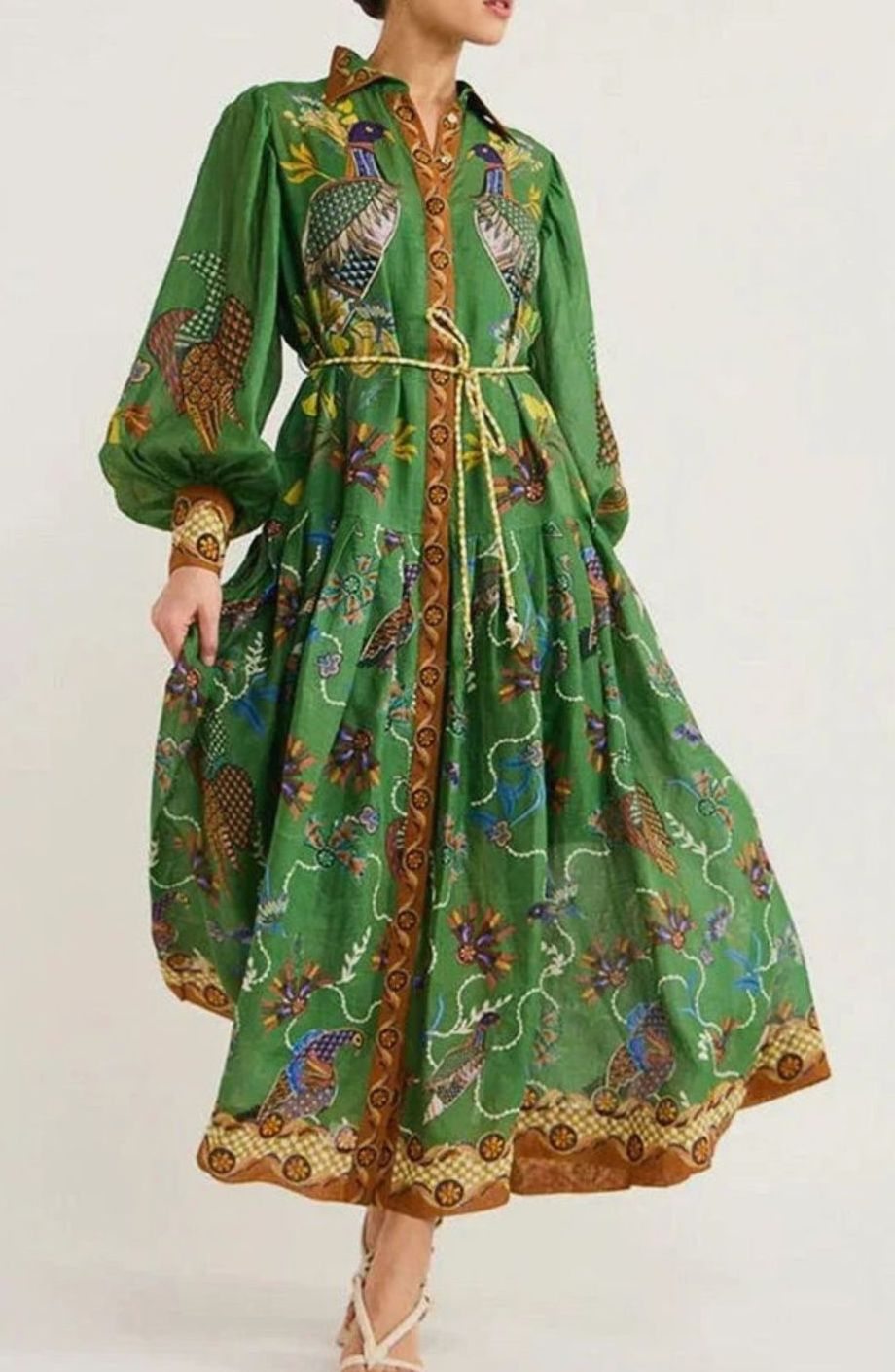 Women's Bird-Print Bishop-Sleeve Belted Midi Shirt Dress