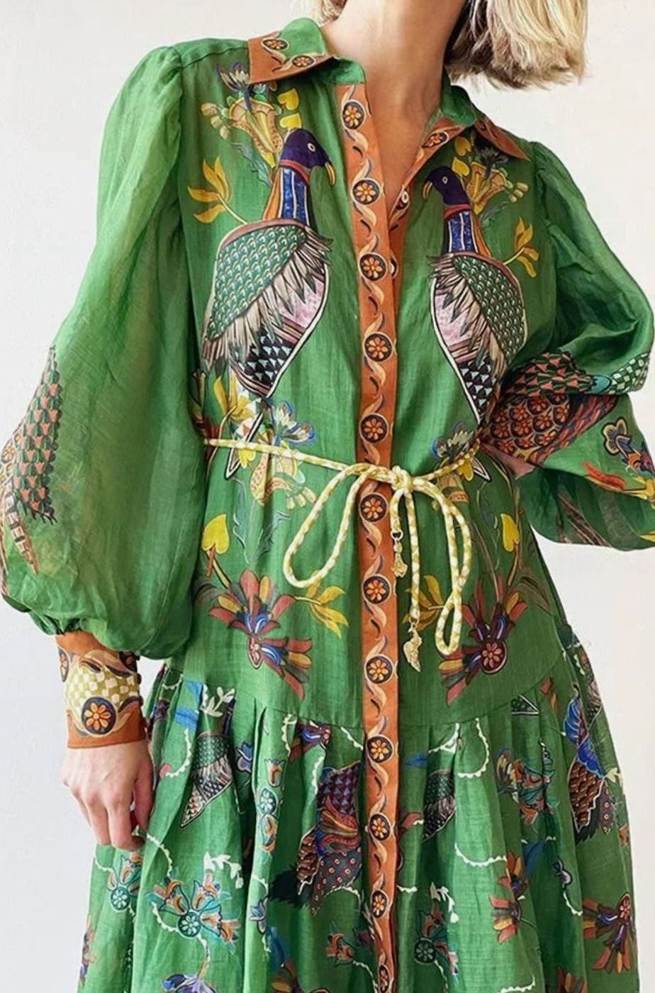 Women's Bird-Print Bishop-Sleeve Belted Midi Shirt Dress