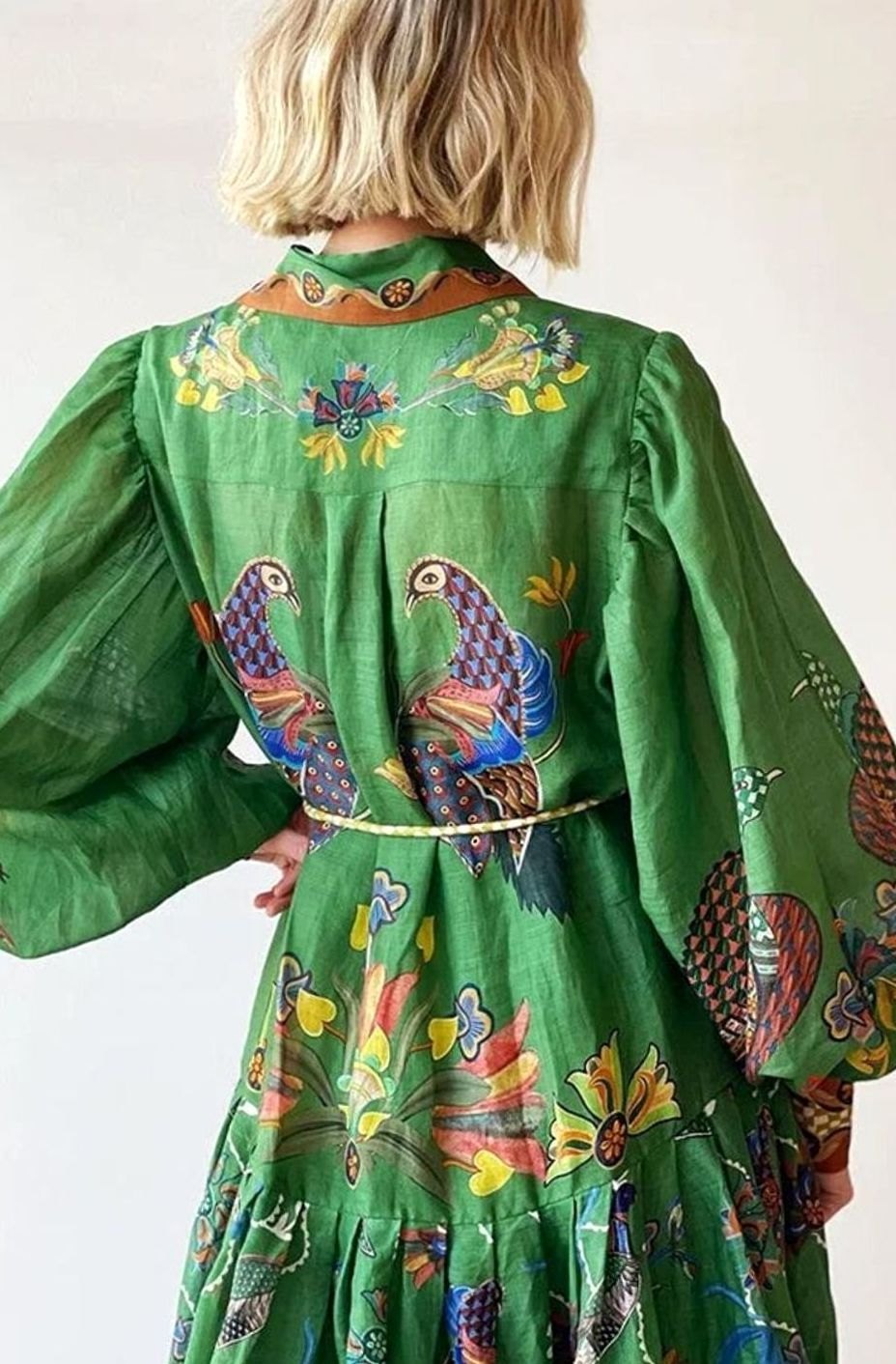 Women's Bird-Print Bishop-Sleeve Belted Midi Shirt Dress