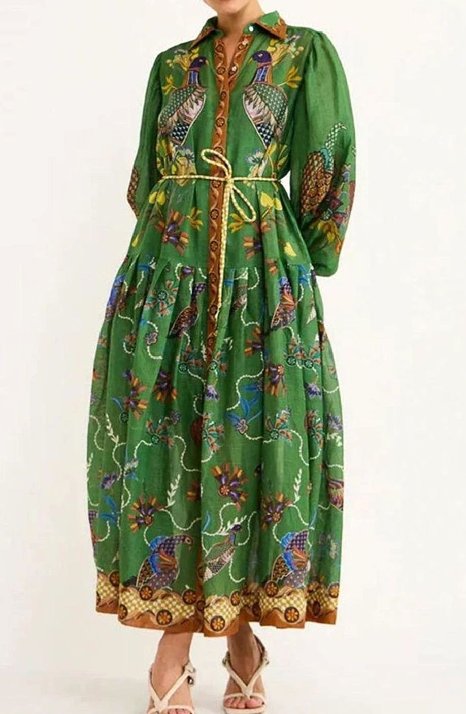 Women's Bird-Print Bishop-Sleeve Belted Midi Shirt Dress