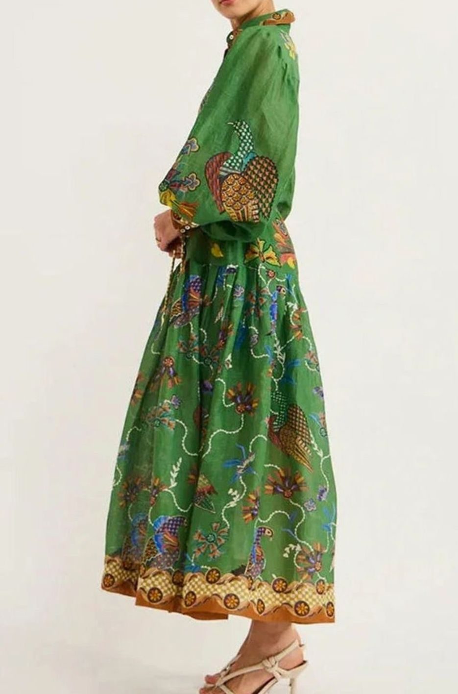 Women's Bird-Print Bishop-Sleeve Belted Midi Shirt Dress