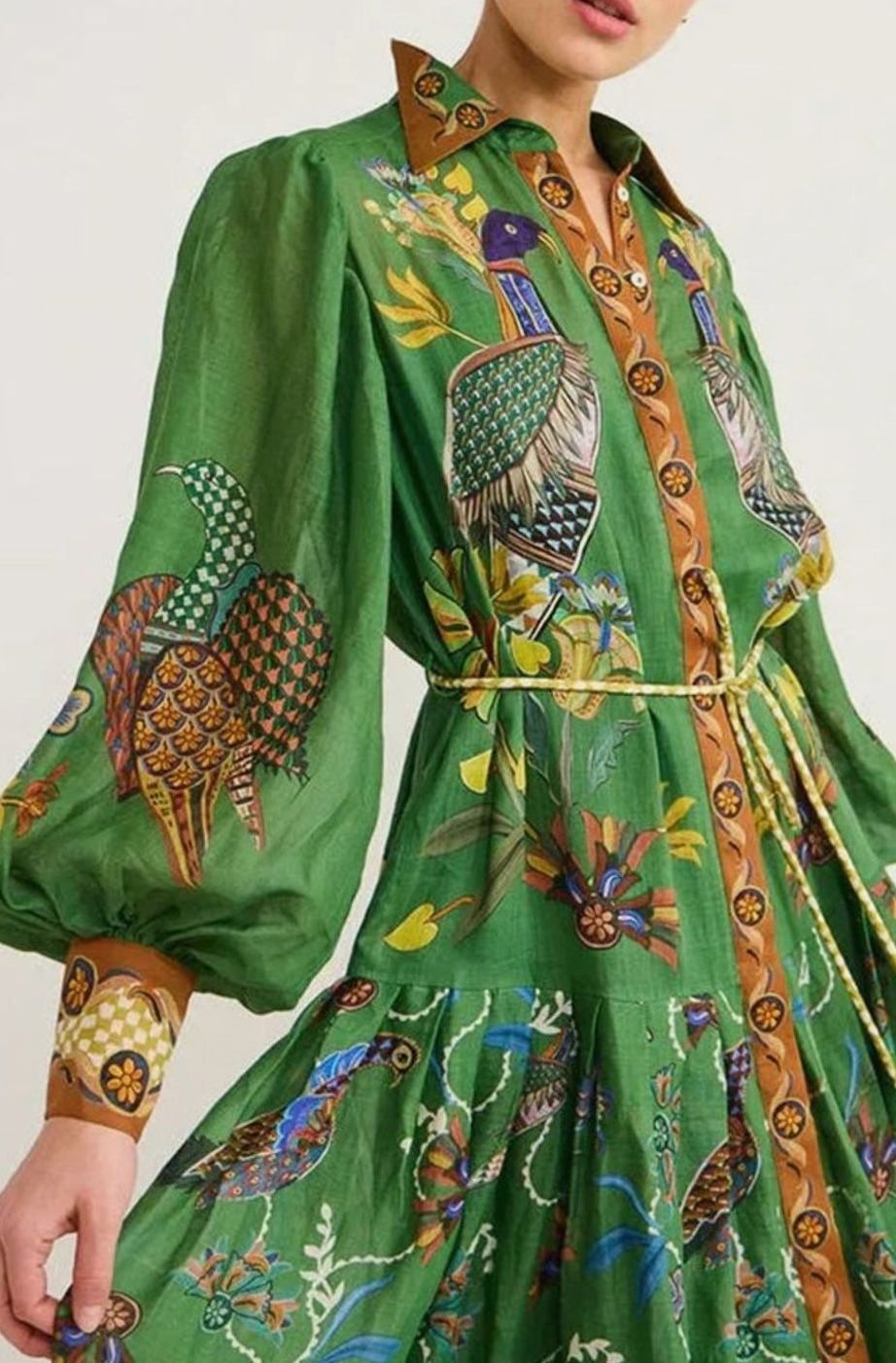 Women's Bird-Print Bishop-Sleeve Belted Midi Shirt Dress