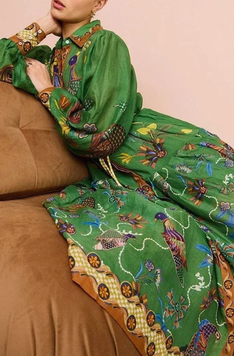 Women's Bird-Print Bishop-Sleeve Belted Midi Shirt Dress, Green