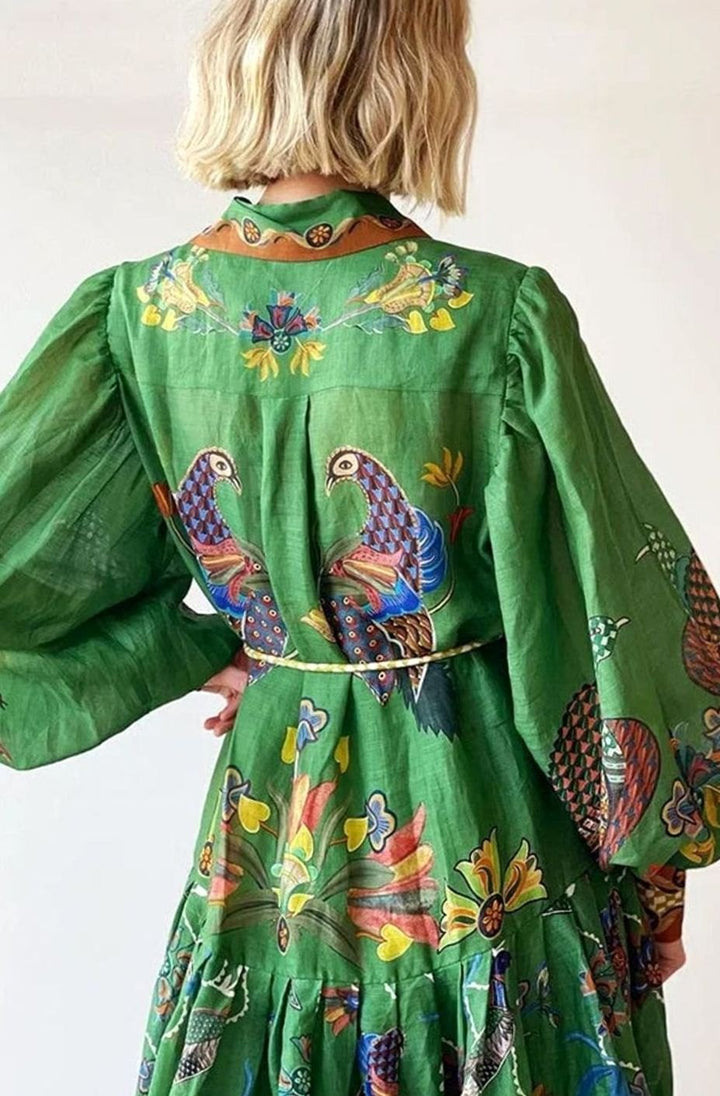 Women's Bird-Print Bishop-Sleeve Belted Midi Shirt Dress, Green