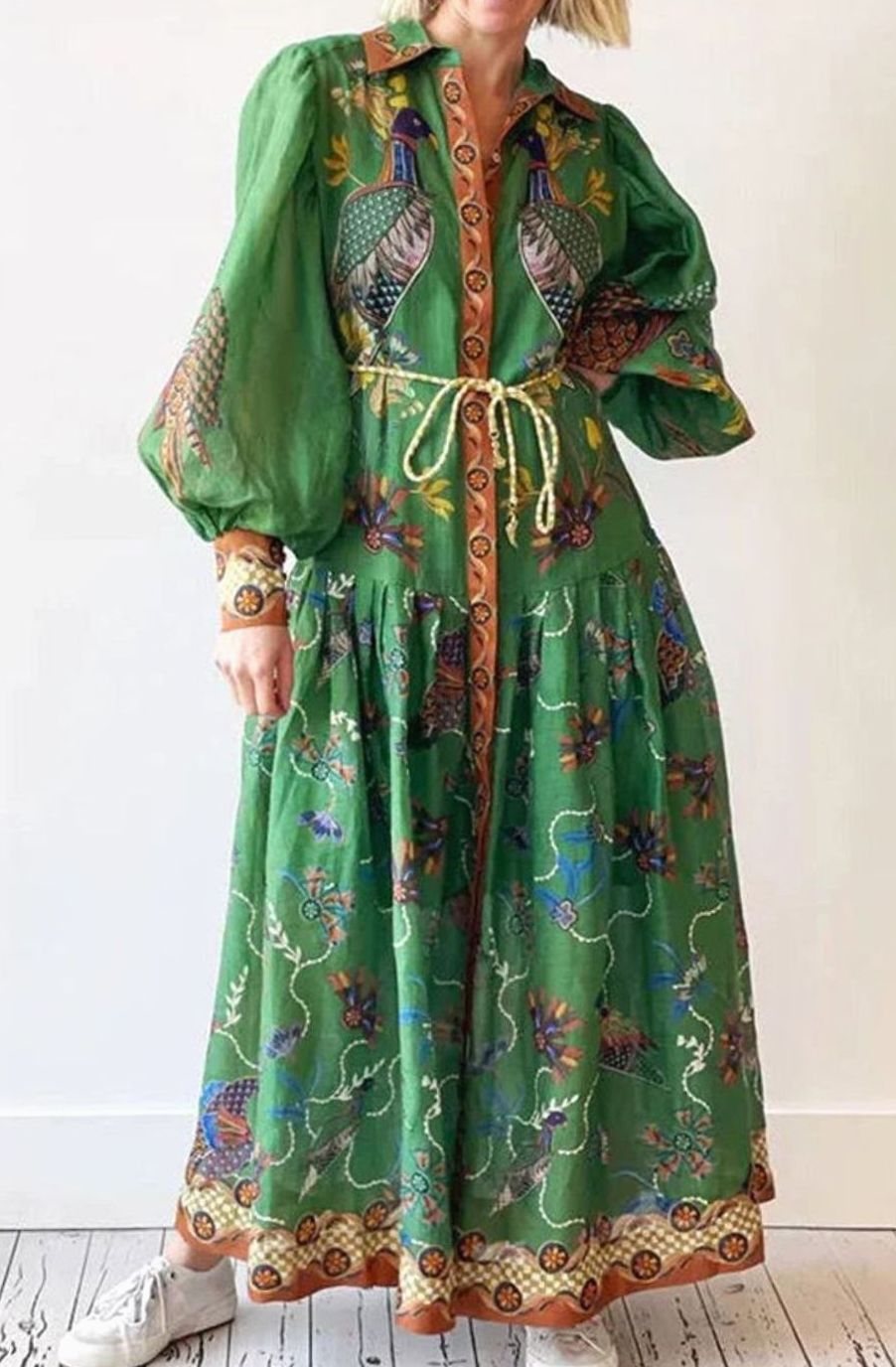 Women's Bird-Print Bishop-Sleeve Belted Midi Shirt Dress, Green