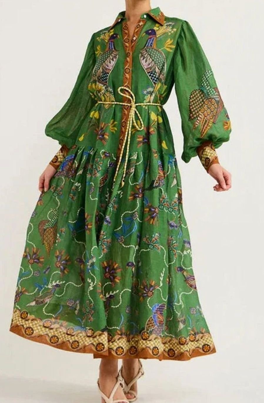 Women's Bird-Print Bishop-Sleeve Belted Midi Shirt Dress, Green