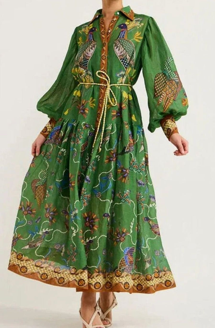 Women's Bird-Print Bishop-Sleeve Belted Midi Shirt Dress, Green