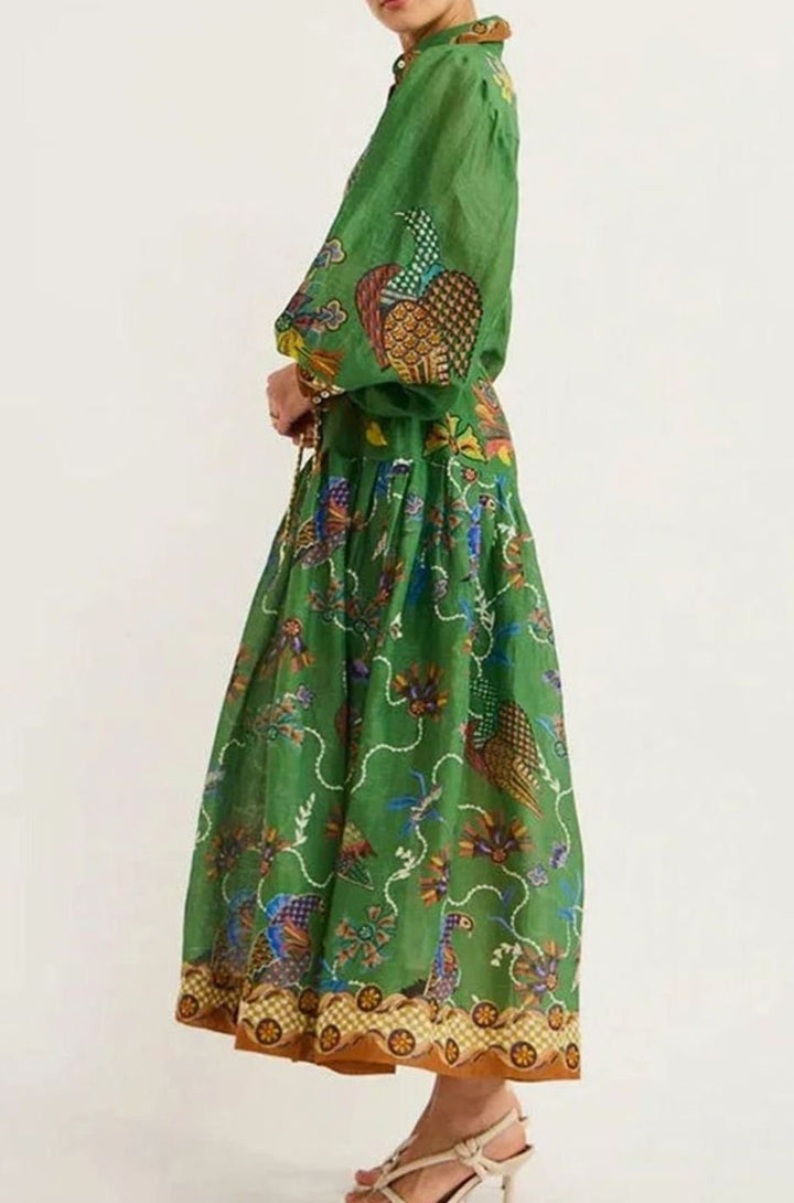 Women's Bird-Print Bishop-Sleeve Belted Midi Shirt Dress, Green
