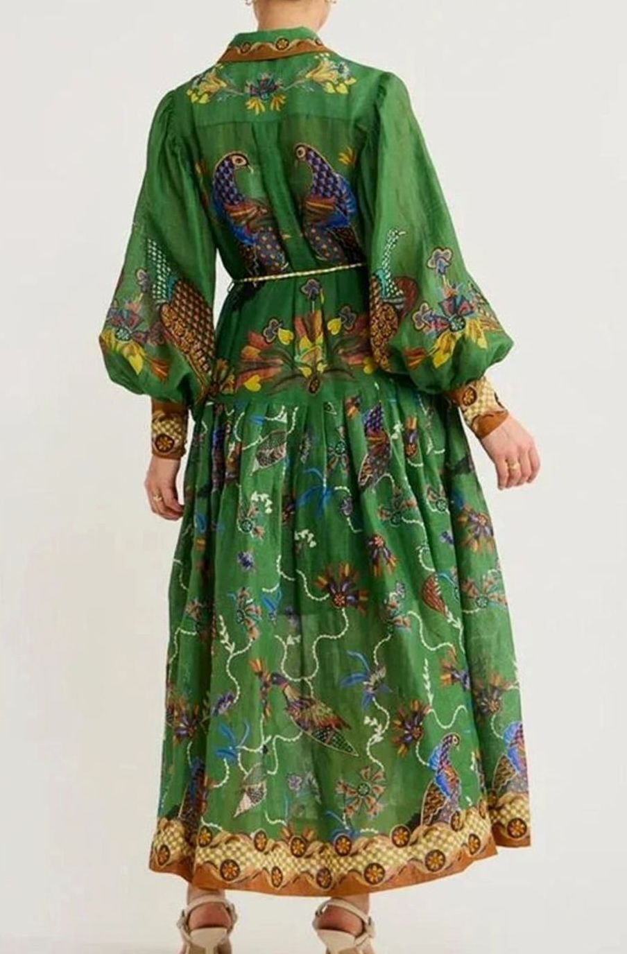 Women's Bird-Print Bishop-Sleeve Belted Midi Shirt Dress, Green