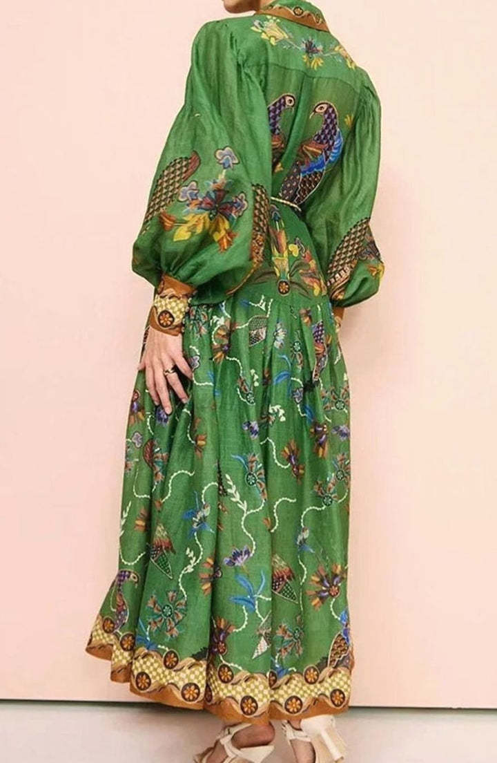 Women's Bird-Print Bishop-Sleeve Belted Midi Shirt Dress, Green