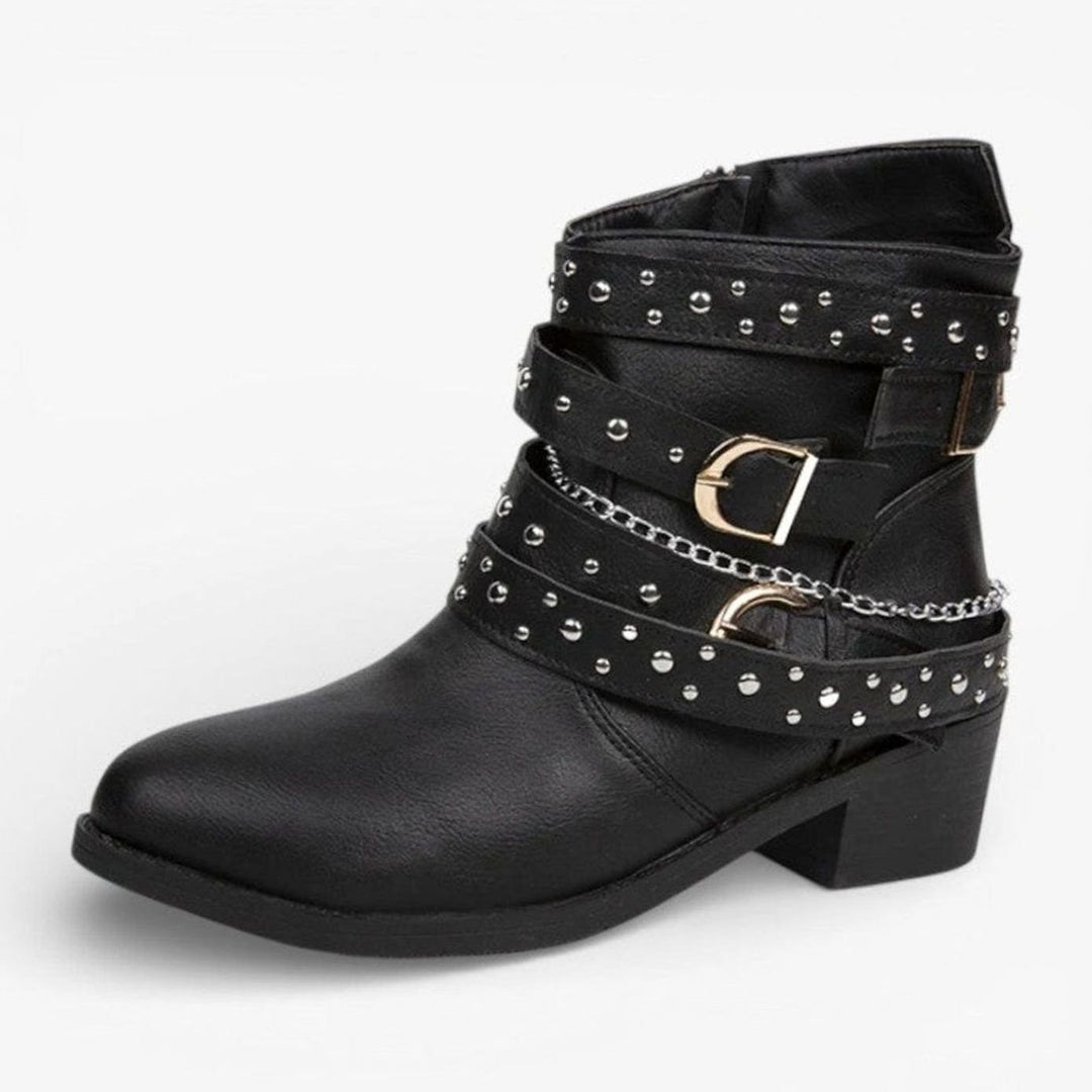 Women's Black Block Heel Ankle Boots Studded Buckle Strap