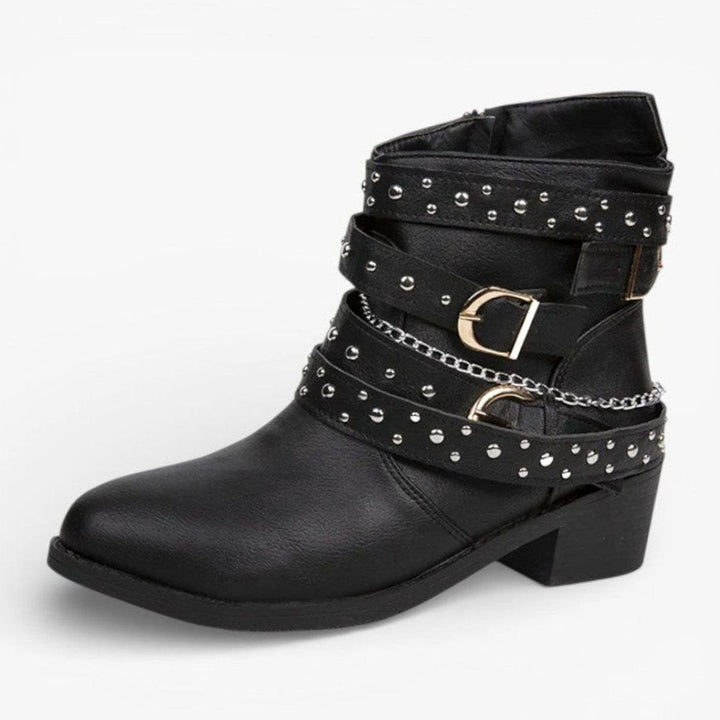 Women's Black Block Heel Ankle Boots Studded Buckle Strap
