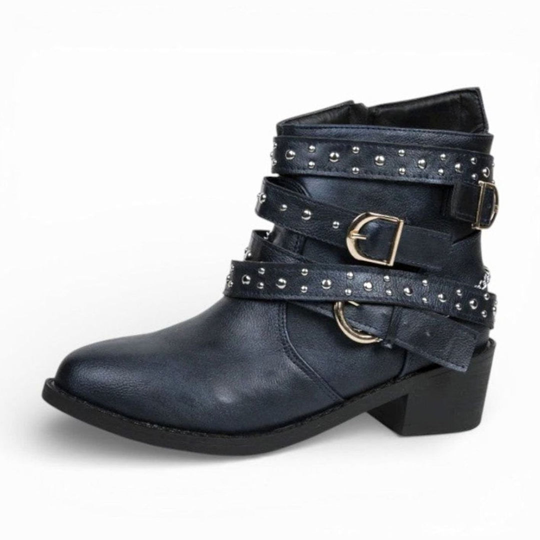 Women's Black Block Heel Ankle Boots Studded Buckle Strap