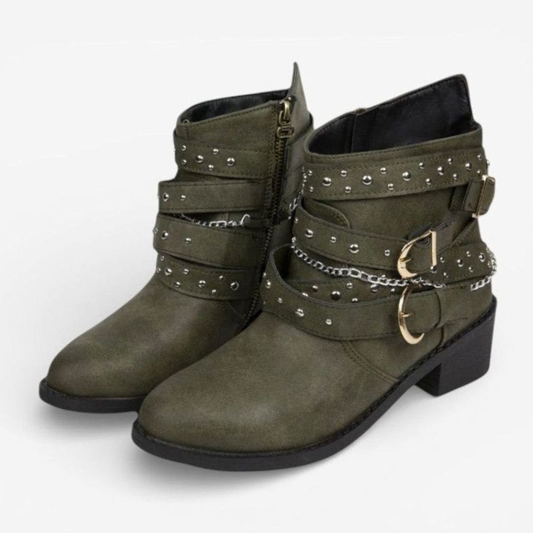 Women's Black Block Heel Ankle Boots Studded Buckle Strap