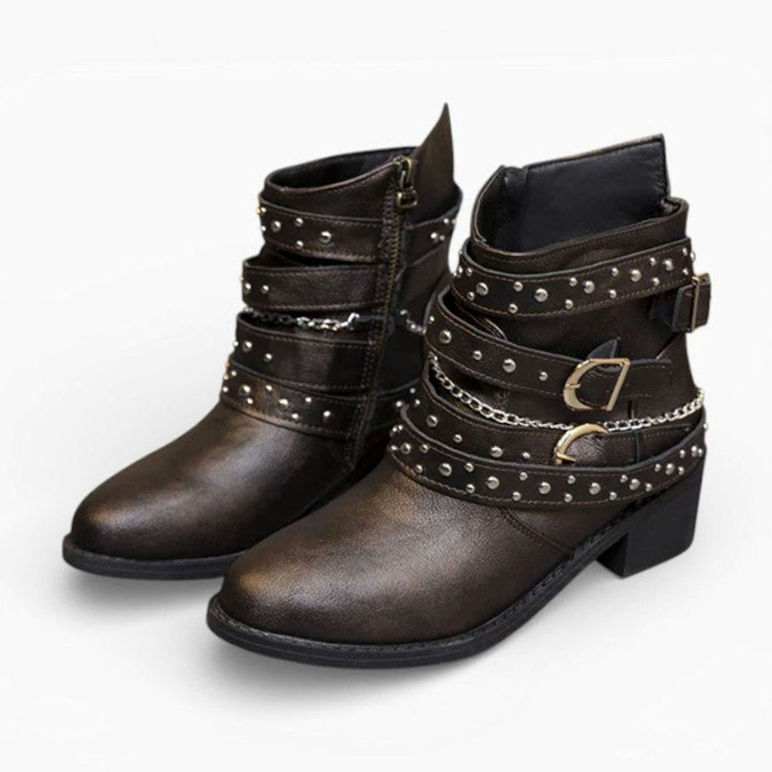Women's Black Block Heel Ankle Boots Studded Buckle Strap