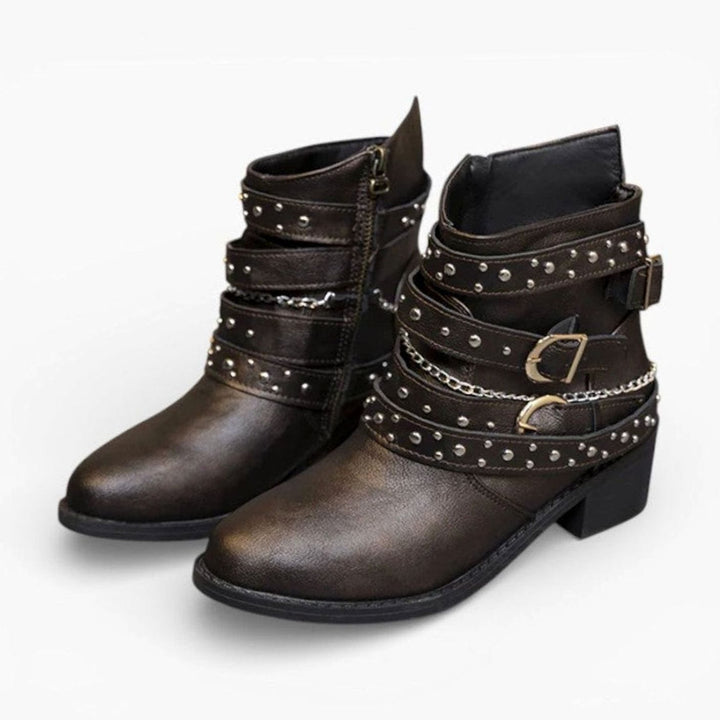 Women's Black Block Heel Ankle Boots Studded Buckle Strap