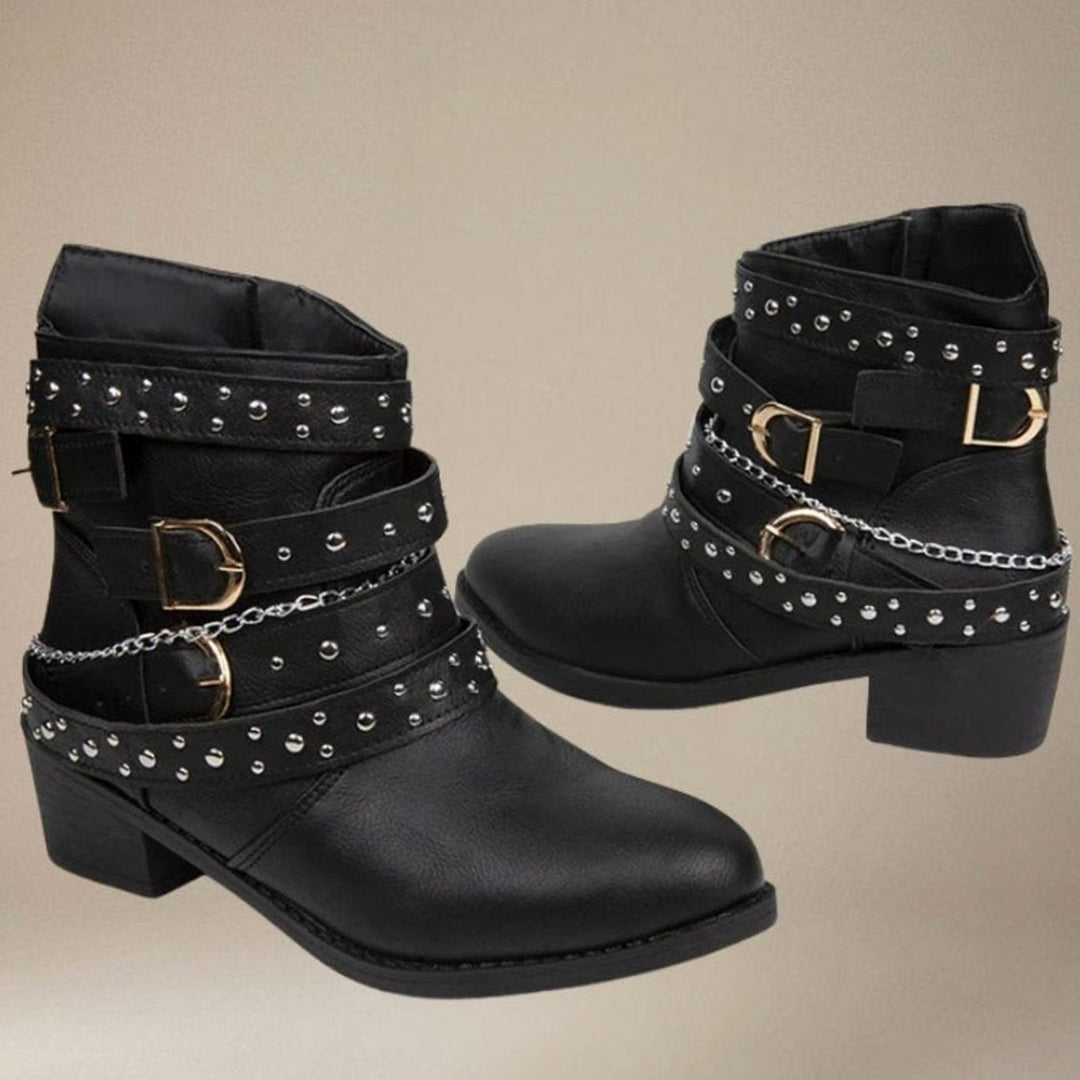 Women's Black Block Heel Ankle Boots Studded Buckle Strap
