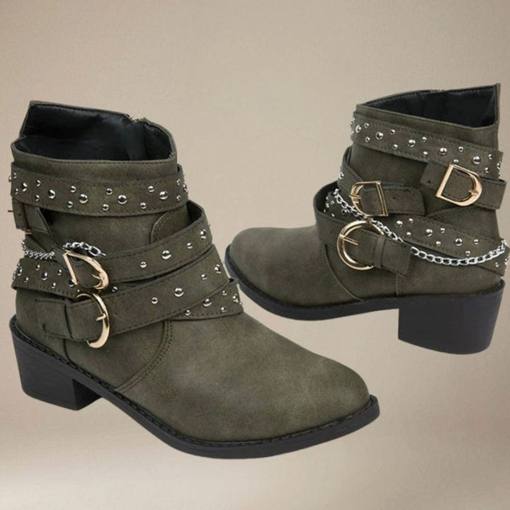 Women's Black Block Heel Ankle Boots Studded Buckle Strap