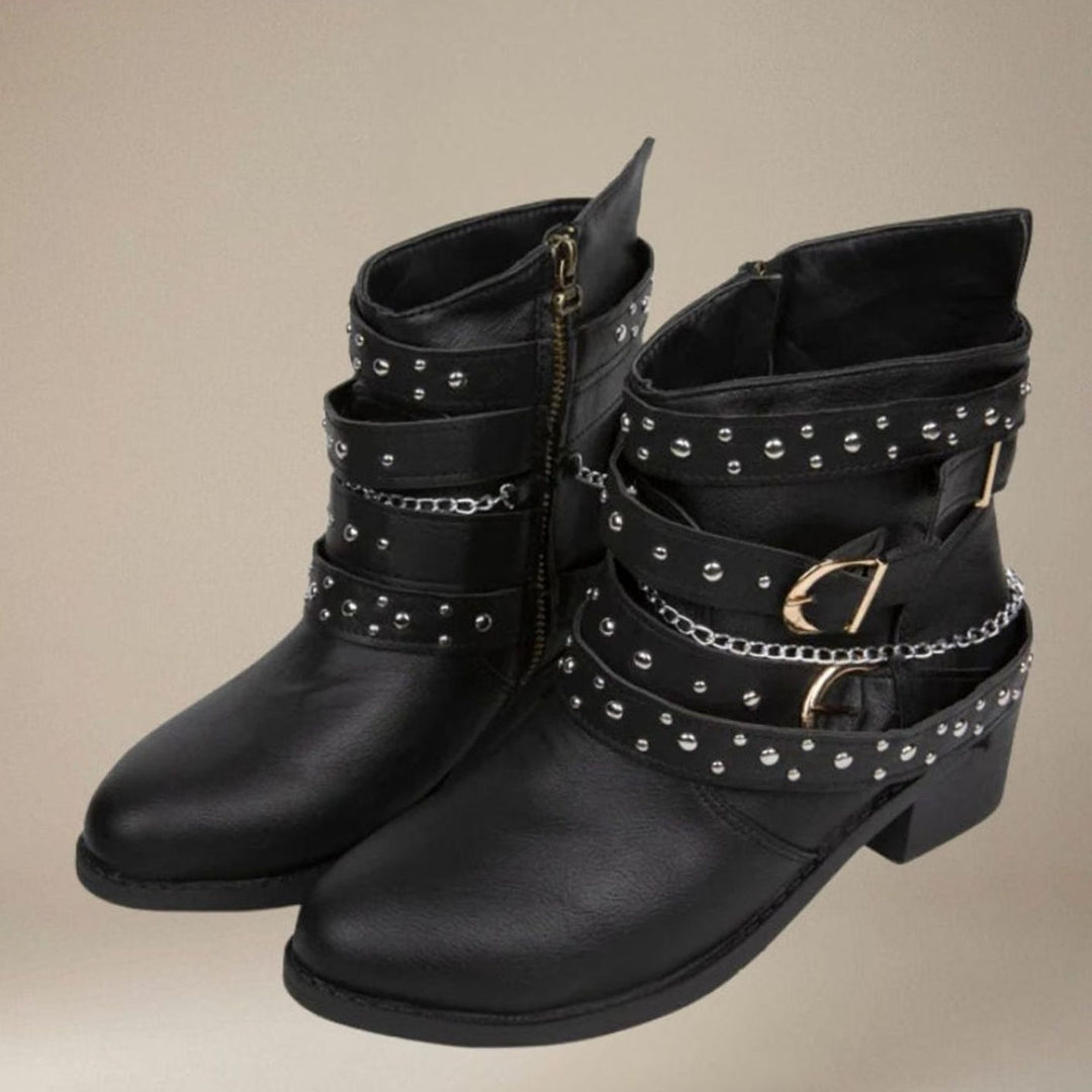 Women's Black Block Heel Ankle Boots Studded Buckle Strap