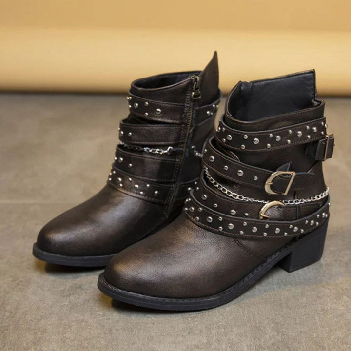 Women's Black Block Heel Ankle Boots Studded Buckle Strap