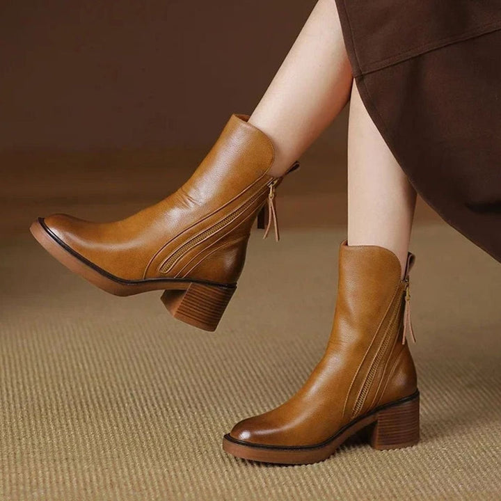 Women's Black Block-Heel Side-Zip Ankle Boots - Brown