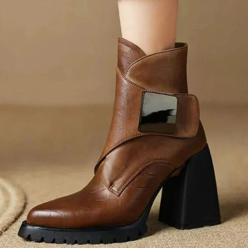 Women's Black Chelsea Boots Block Heel Metal-Buckle Ankle Boots - Brown