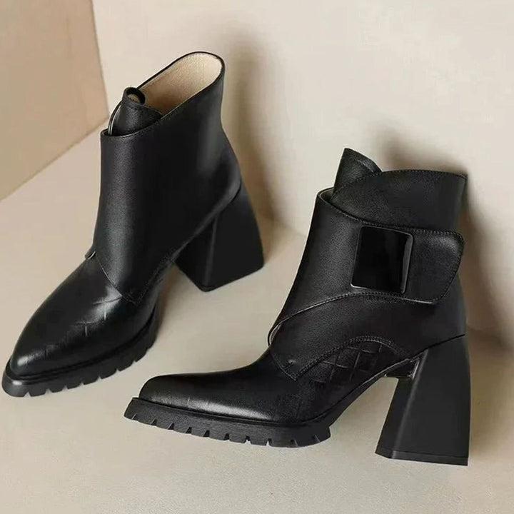 Women's Black Chelsea Boots Block Heel Metal-Buckle Ankle Boots
