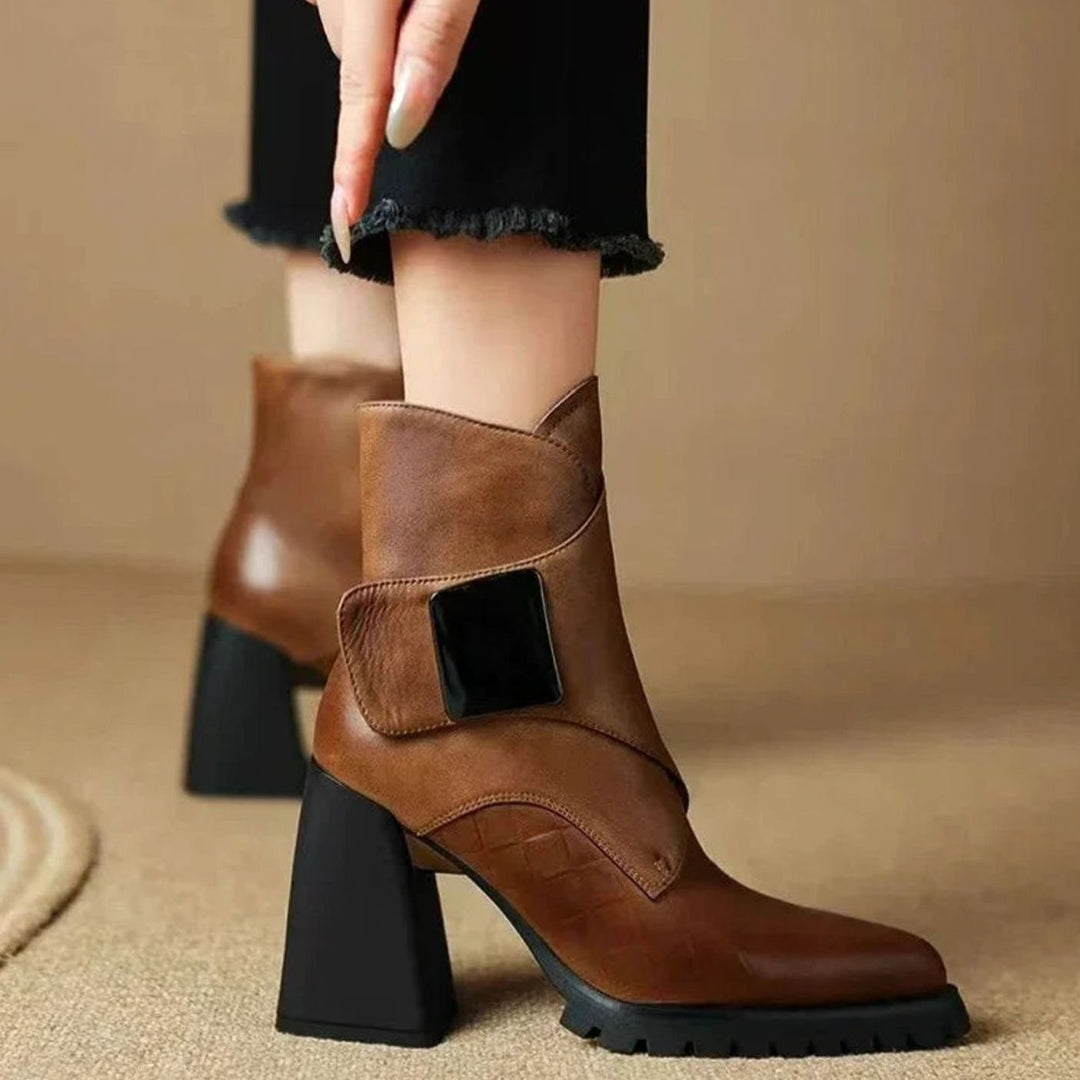 Women's Black Chelsea Boots Block Heel Metal-Buckle Ankle Boots
