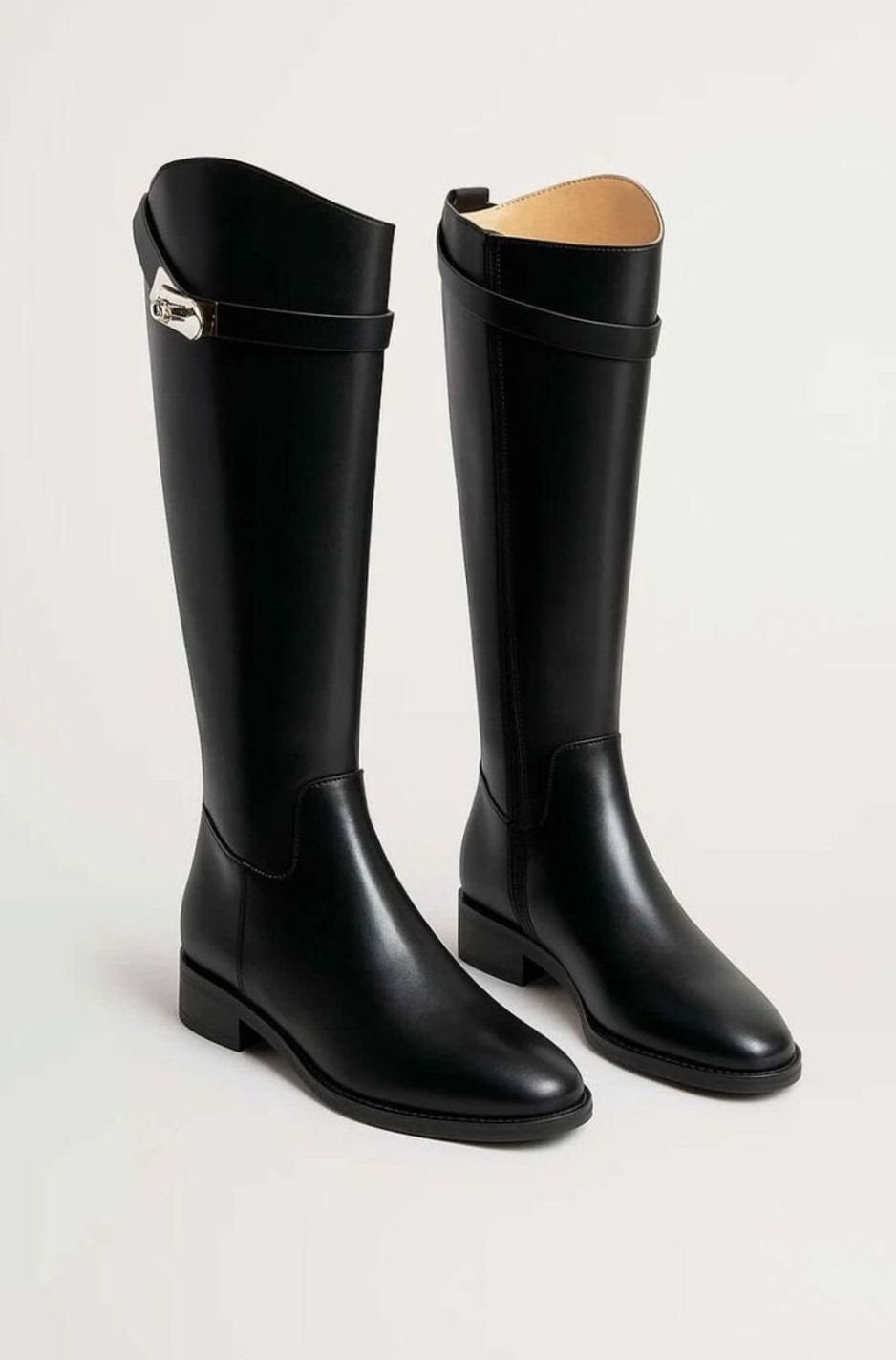 Women's Black Knee-High Boots Buckle Detail Low Block Heel