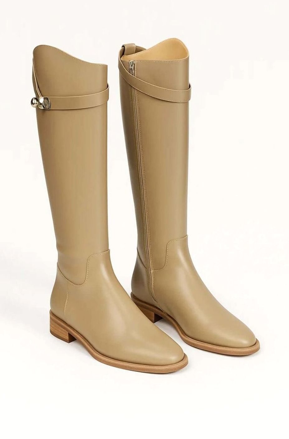 Women's Black Knee-High Boots Buckle Detail Low Block Heel