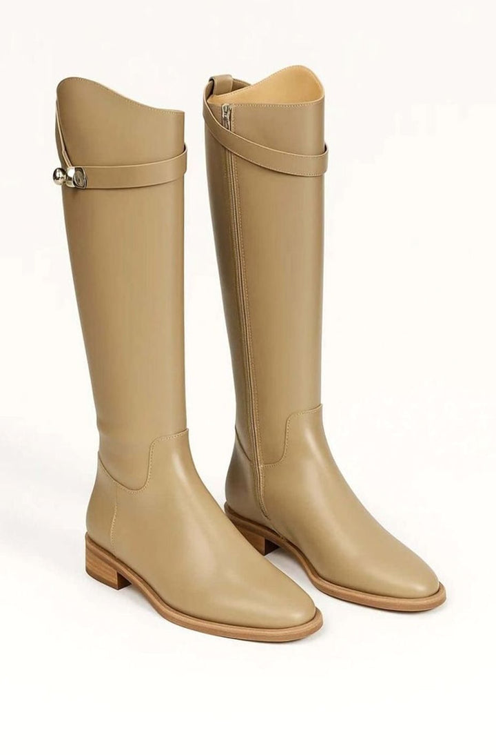 Women's Black Knee-High Boots Buckle Detail Low Block Heel
